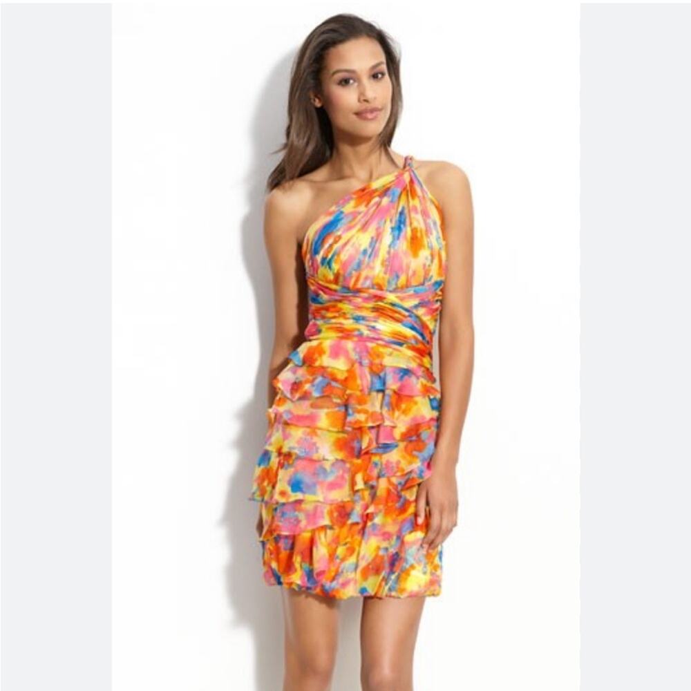 Dalia McPhee silk one shoulder ruffle rainbow multicolor sexy mini dress sz 2